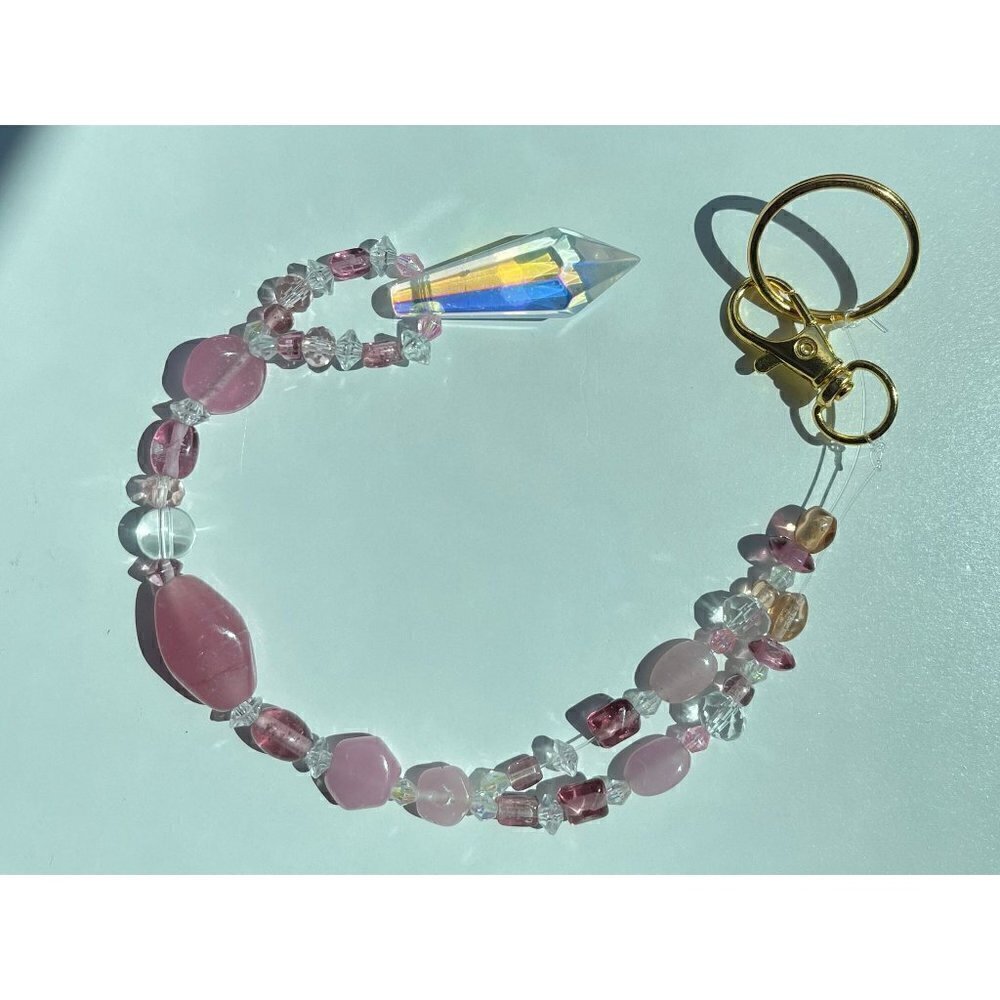 Beaded Suncatcher Rearview Mirror Ornament Pink Clear Crystal Prism Car Charm - Picture 5 of 9